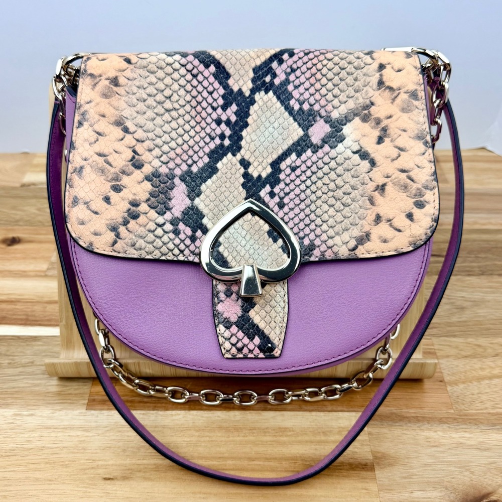 Kate Spade Lavender Purple Snake Print Leather Saddle Crossbody Bag Heart Logo